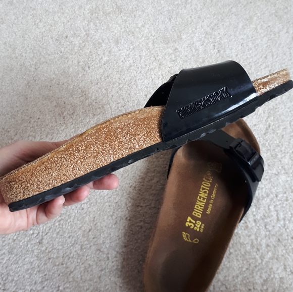 BIRKENSTOCK / 37, 6 / Women's Madrid Patent Faux Leather Cork Sandals - Black - Picture 3 of 10